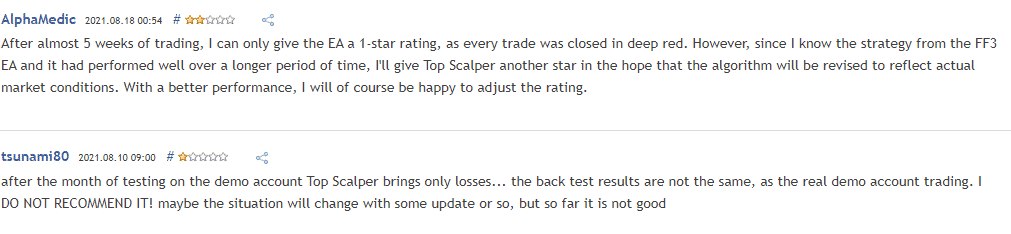 User reviews complaining about the poor strategy and big losses