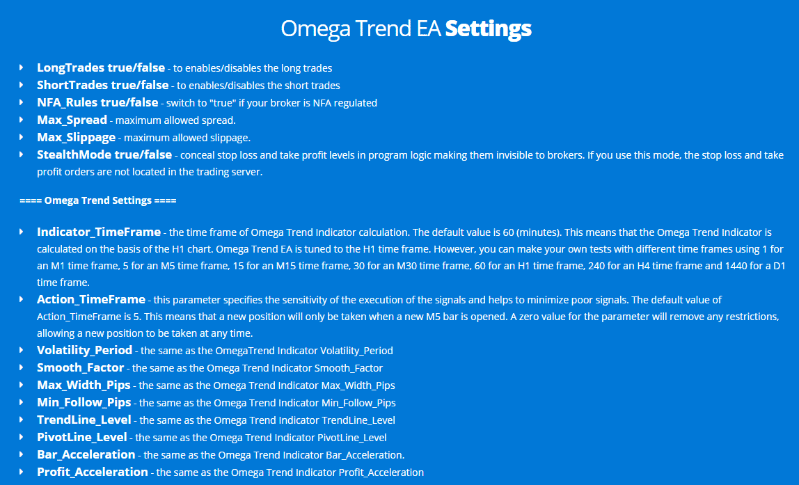 Omega Trend EA attached to the chart