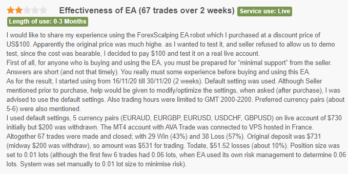User complaining of losses with Forex Scalping EA