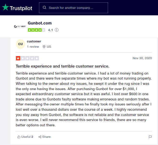 Negative user review on Trustpilot.